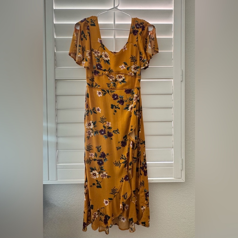 Band of Gypsies Yellow Wrap Midi Dress with Flutter Sleeves